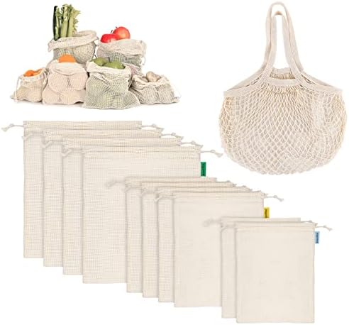 Anstore Juego de 11 bolsas para frutas y verduras, bolsas de la compra reutilizables, bolsas de algodón, bolsas de verduras, sin plástico, redes de compras para frutas y verduras, bolsas de pan